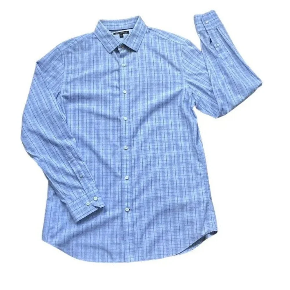 Banana Republic Mens Large Blue Plaid Button Up Shirt Slim Fit Non-Iron Tailored